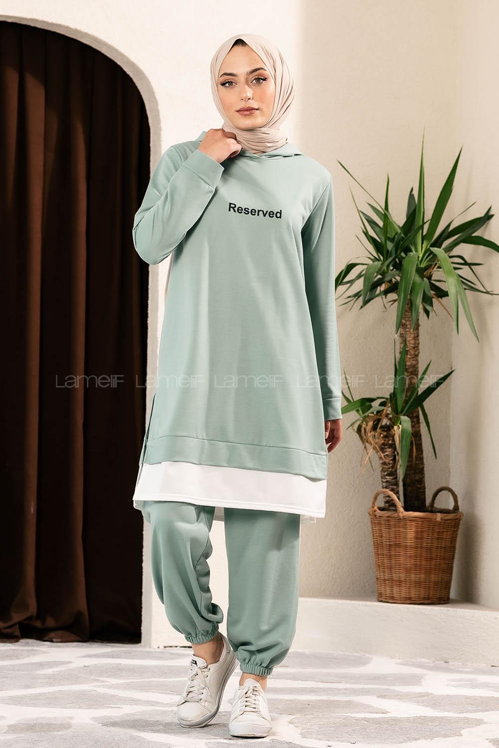 Modalamelif Önü Yazı Baskılı Kapüşonlu İkili Takım Çağla Yeşili