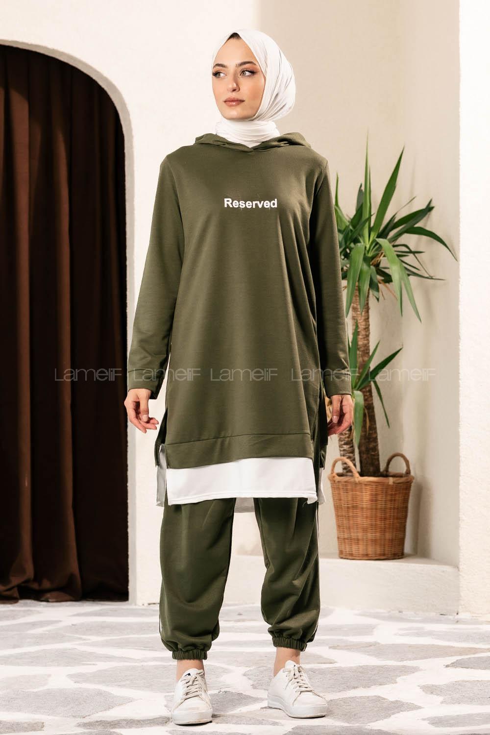 Modalamelif Önü Yazı Baskılı Kapüşonlu İkili Takım Haki
