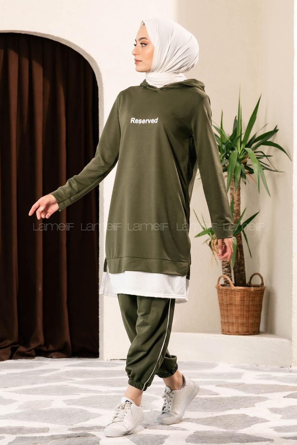 Modalamelif Önü Yazı Baskılı Kapüşonlu İkili Takım Haki