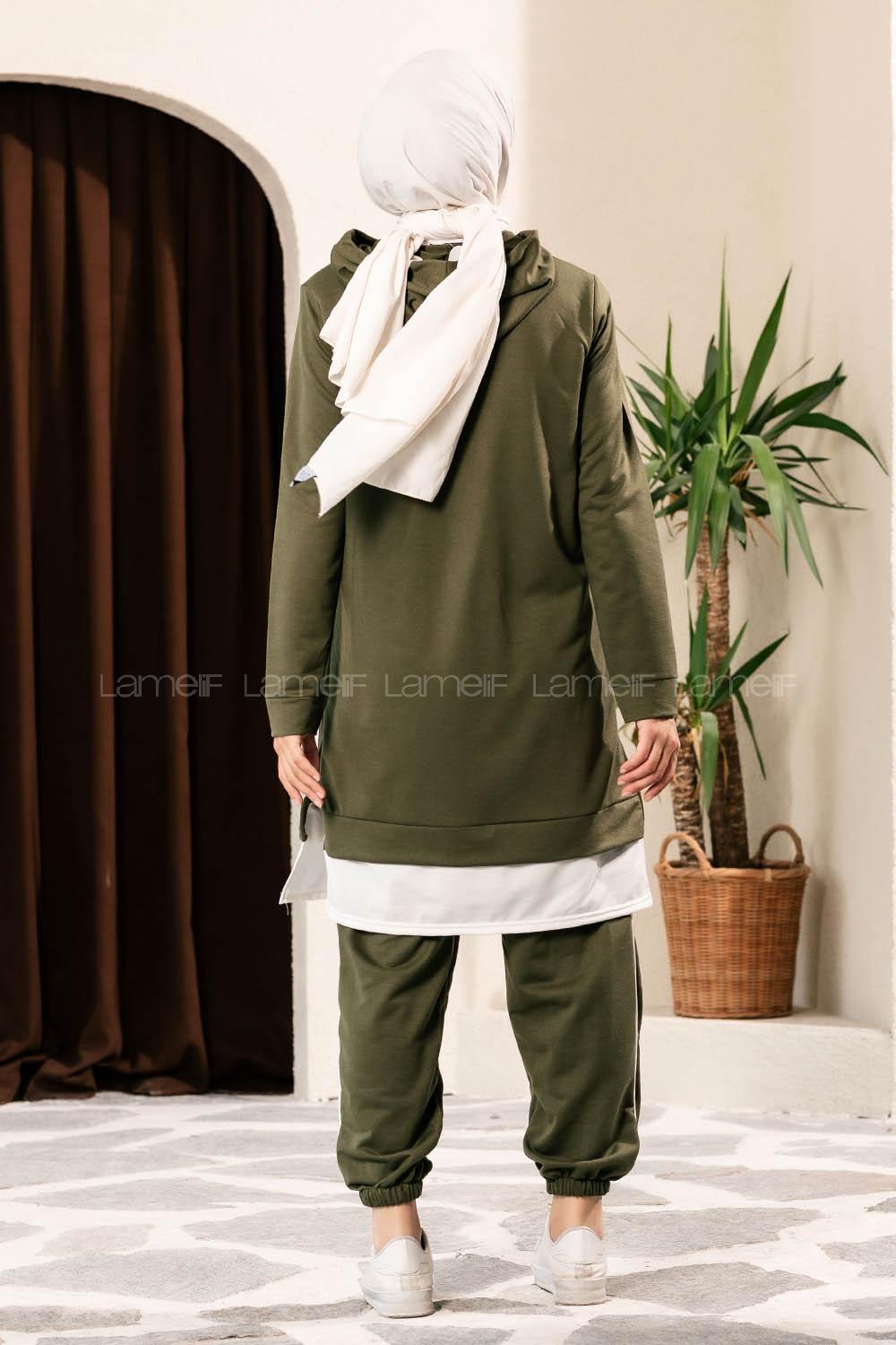 Modalamelif Önü Yazı Baskılı Kapüşonlu İkili Takım Haki