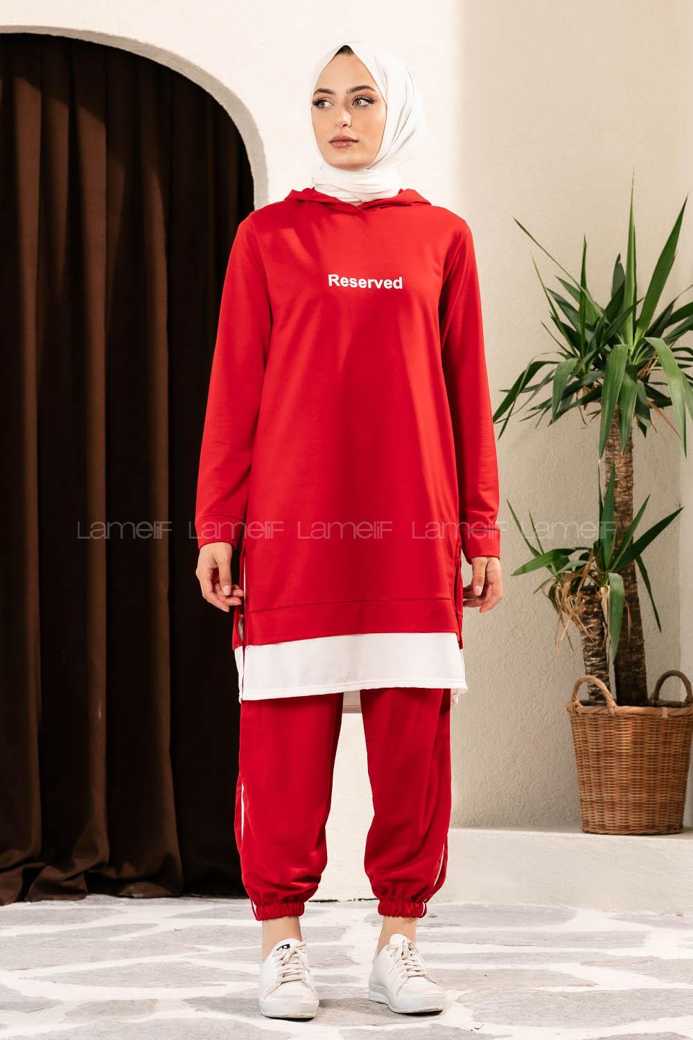 Modalamelif Önü Yazı Baskılı Kapüşonlu İkili Takım Kırmızı