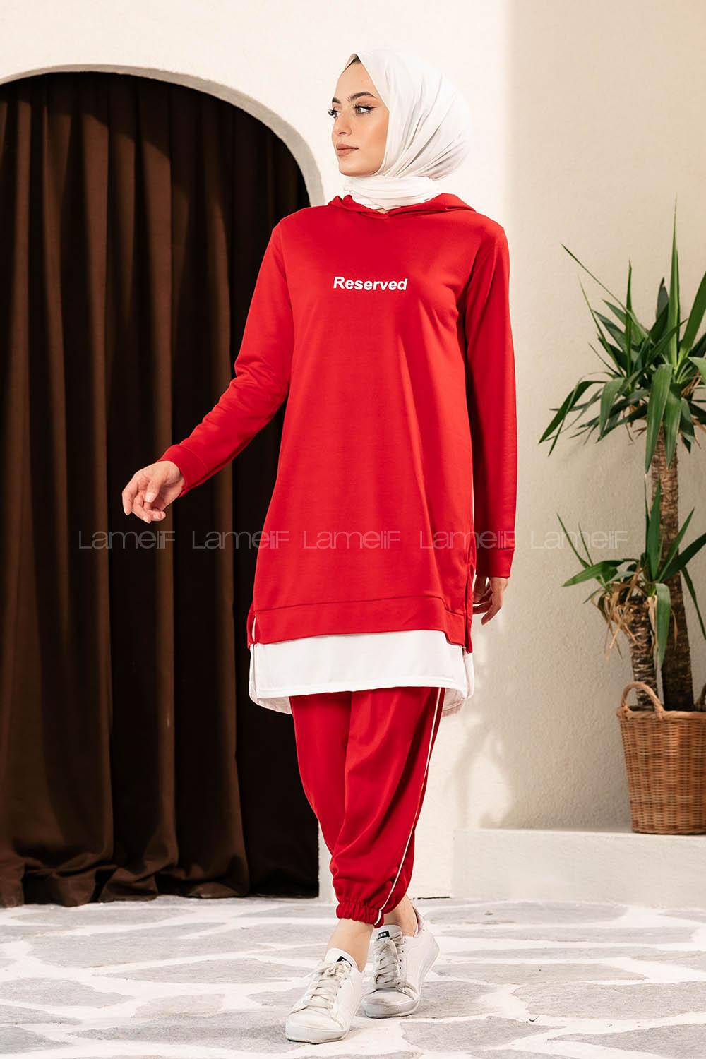 Modalamelif Önü Yazı Baskılı Kapüşonlu İkili Takım Kırmızı