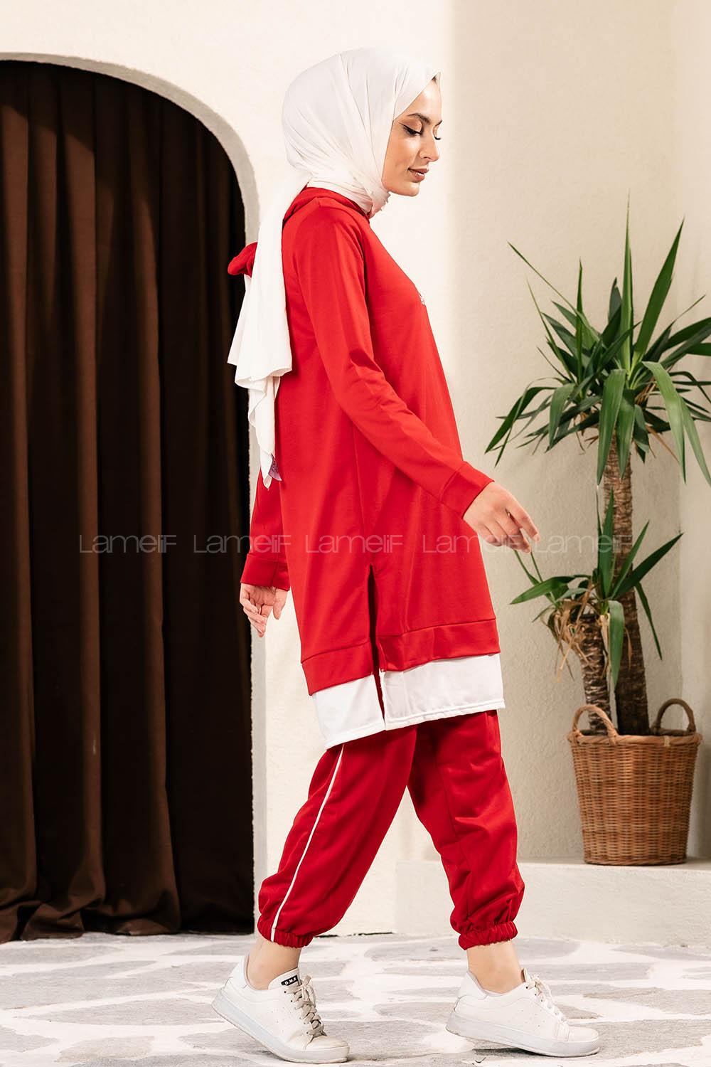 Modalamelif Önü Yazı Baskılı Kapüşonlu İkili Takım Kırmızı