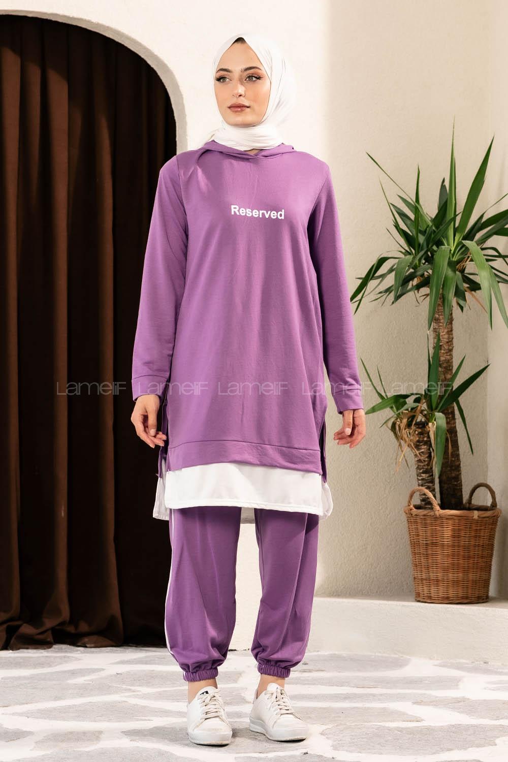 Modalamelif Önü Yazı Baskılı Kapüşonlu İkili Takım Mor