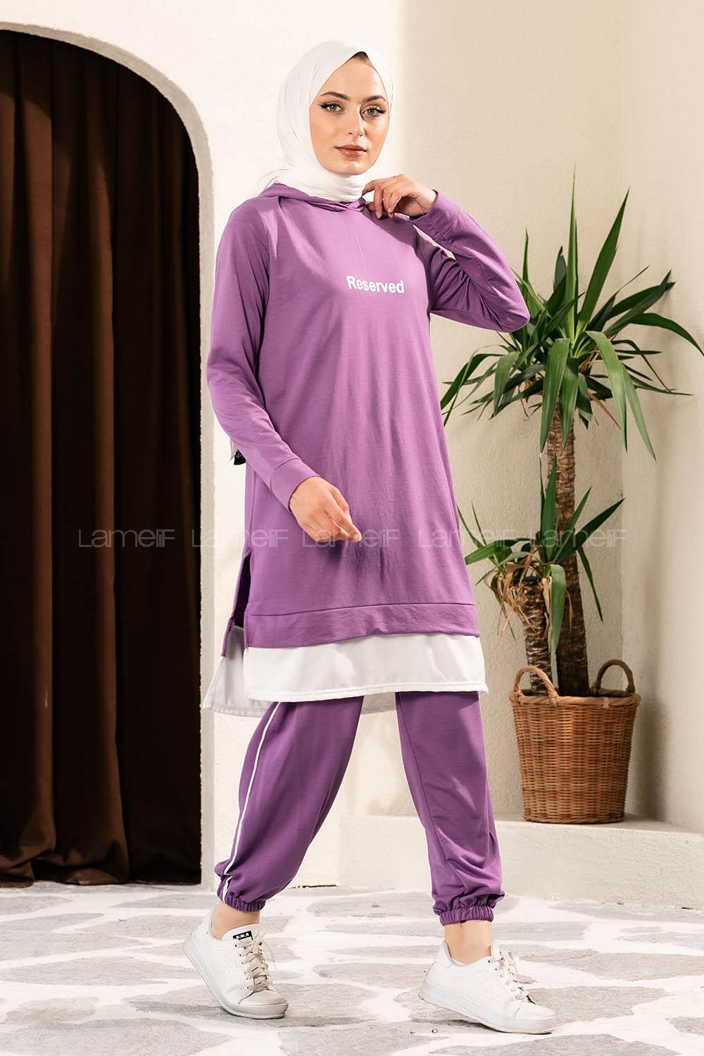 Modalamelif Önü Yazı Baskılı Kapüşonlu İkili Takım Mor