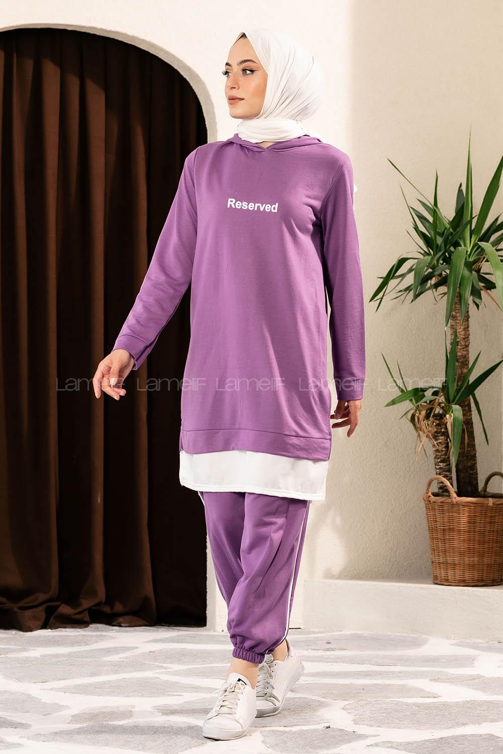 Modalamelif Önü Yazı Baskılı Kapüşonlu İkili Takım Mor