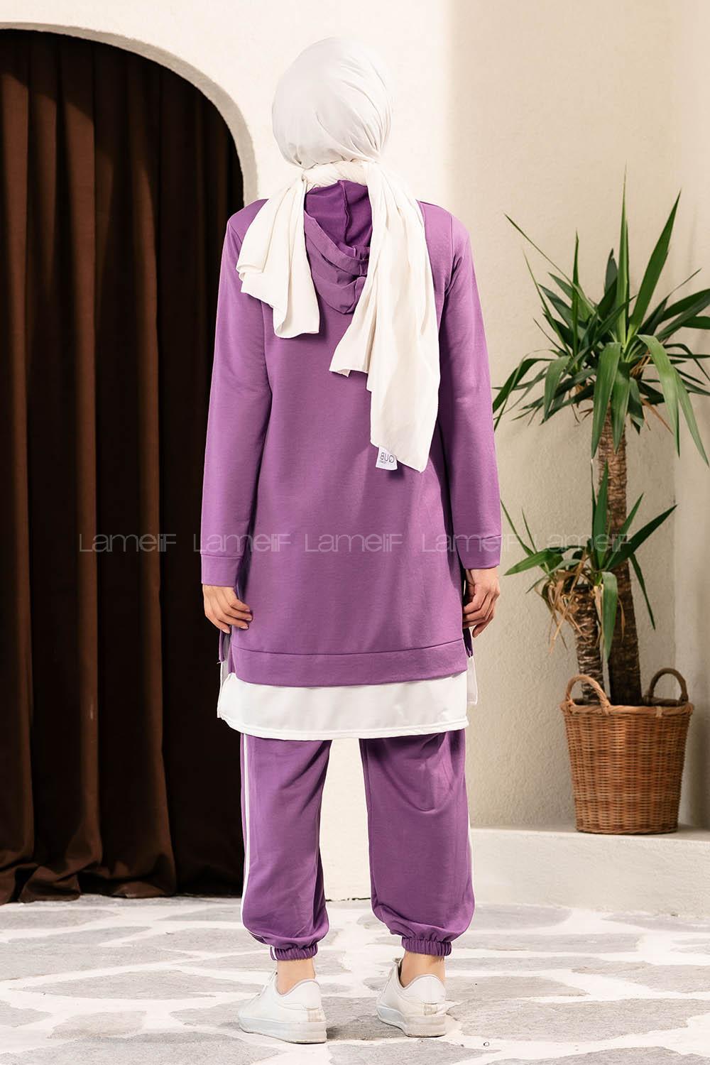 Modalamelif Önü Yazı Baskılı Kapüşonlu İkili Takım Mor