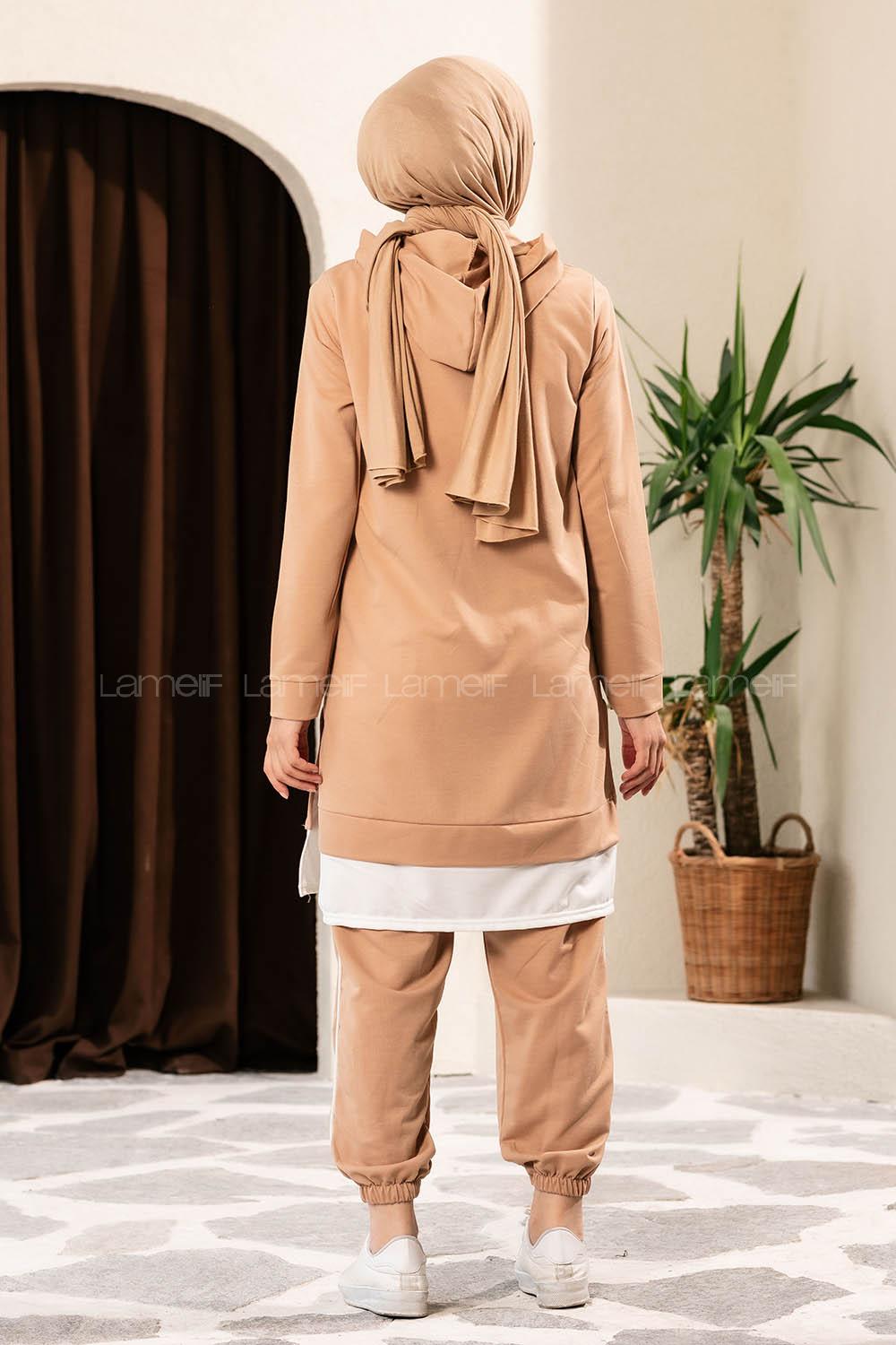 Modalamelif Önü Yazı Baskılı Kapüşonlu İkili Takım Sütlü Kahve