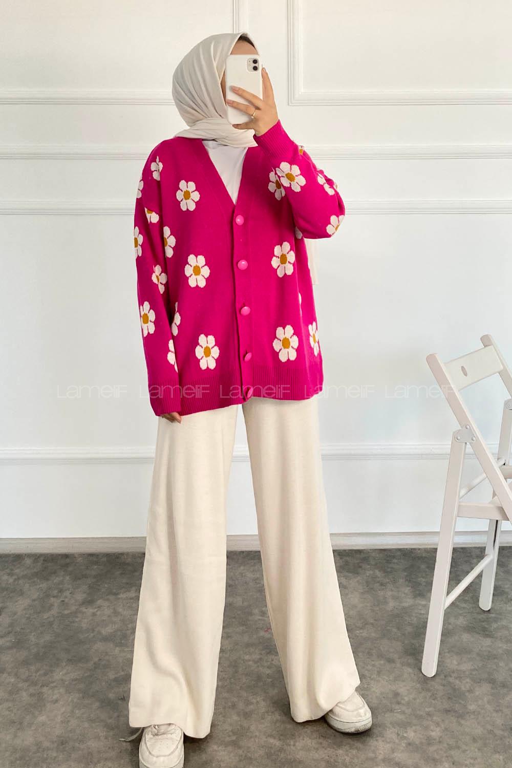 Modalamelif Papatya Desenli Önü Boydan Düğmeli Hırka Fuşya