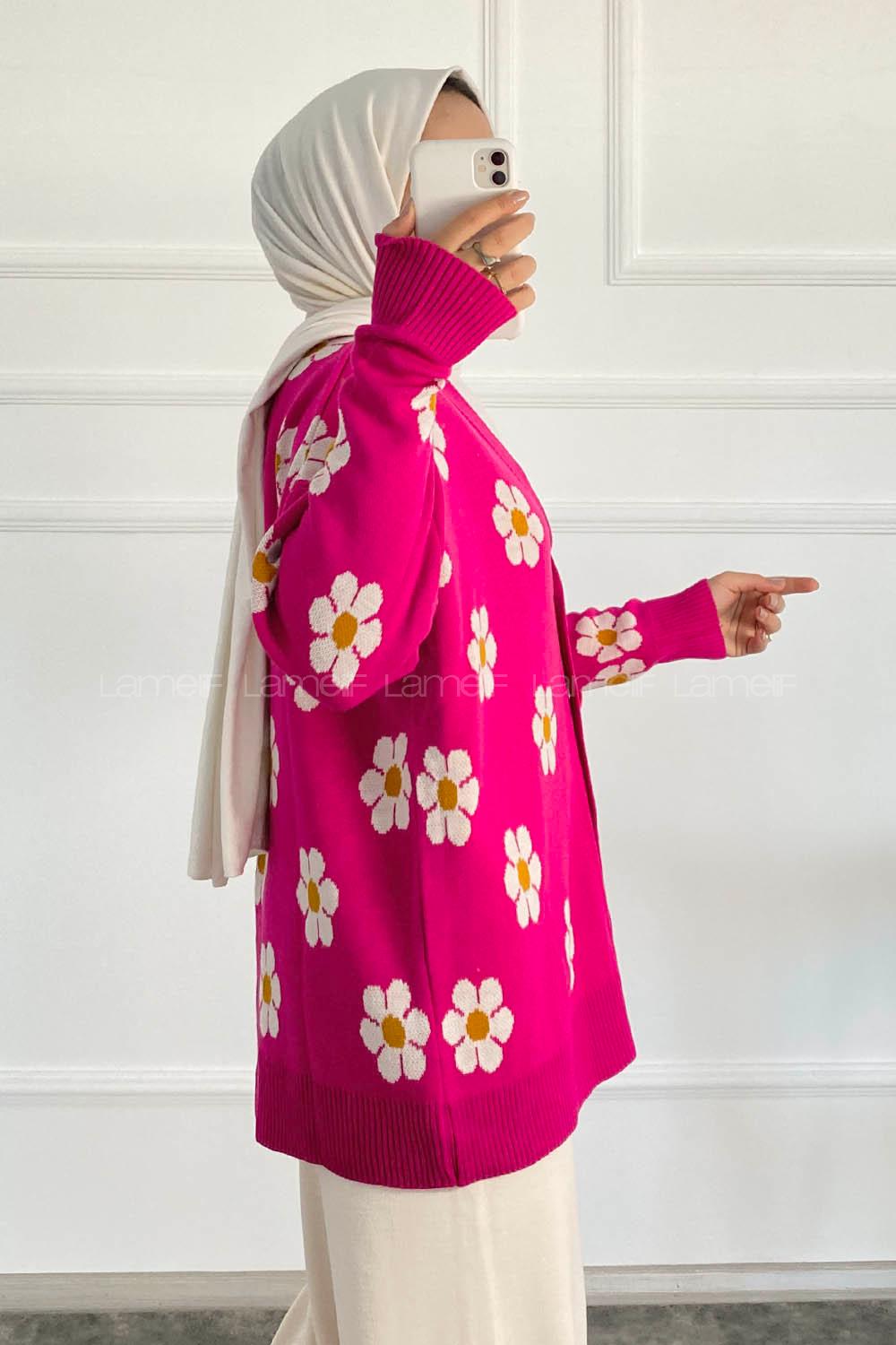 Modalamelif Papatya Desenli Önü Boydan Düğmeli Hırka Fuşya