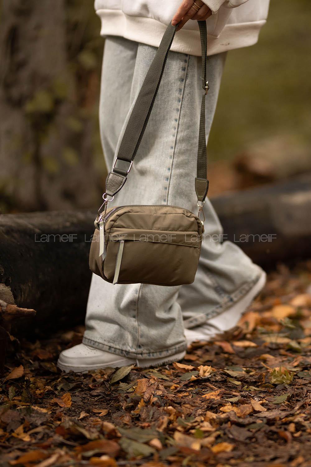 Lamelif Paraşüt Kumaş İki Fermuarlı Çapraz Çanta Haki