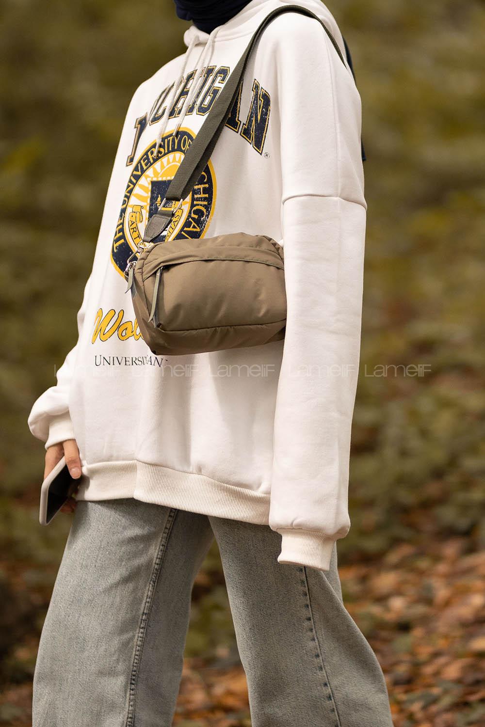 Lamelif Paraşüt Kumaş İki Fermuarlı Çapraz Çanta Haki