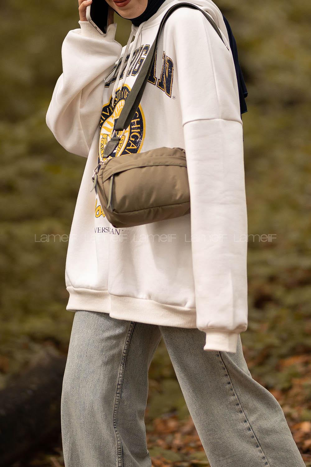 Lamelif Paraşüt Kumaş İki Fermuarlı Çapraz Çanta Haki