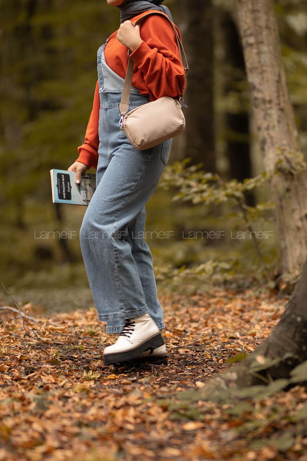 Lamelif Paraşüt Kumaş İki Fermuarlı Çapraz Çanta Vizonrengi