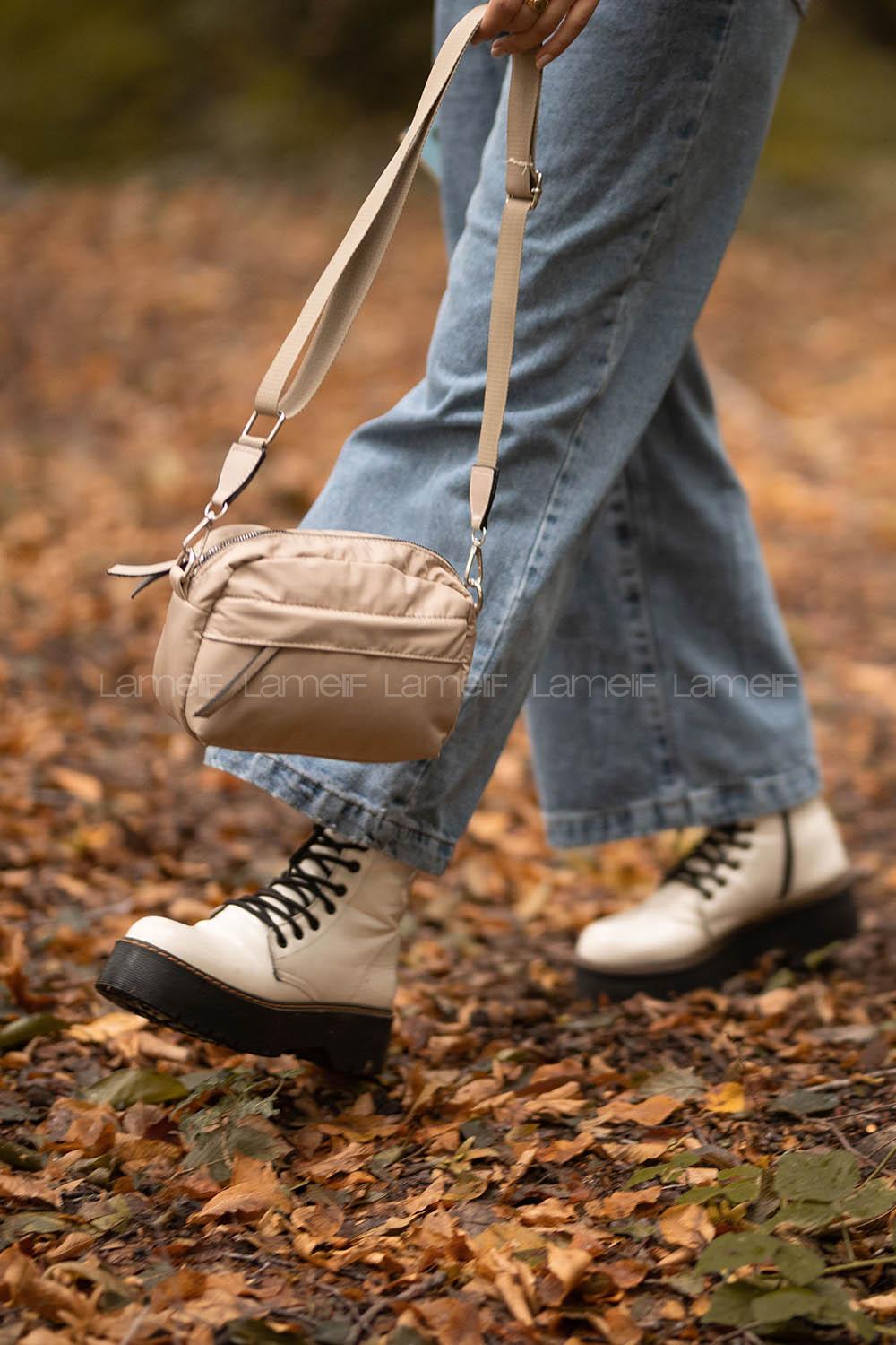 Lamelif Paraşüt Kumaş İki Fermuarlı Çapraz Çanta Vizonrengi