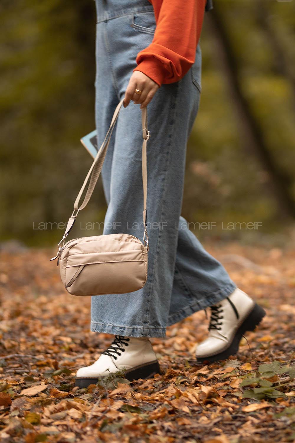 Lamelif Paraşüt Kumaş İki Fermuarlı Çapraz Çanta Vizonrengi