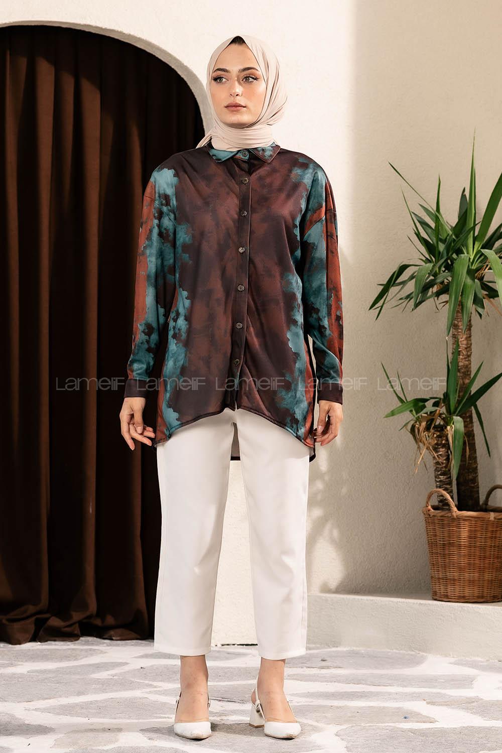 Modalamelif Püskürtme Boya Desen Tarz Gömlek Acı Kahve