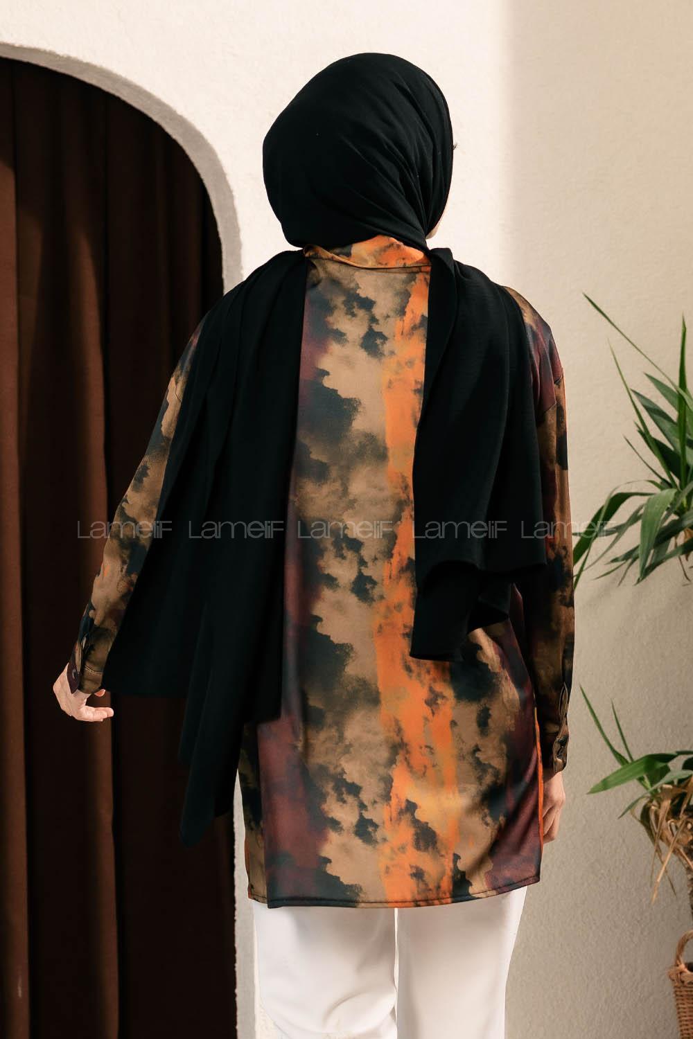 Modalamelif Püskürtme Boya Desen Tarz Gömlek Koyu Kahverengi