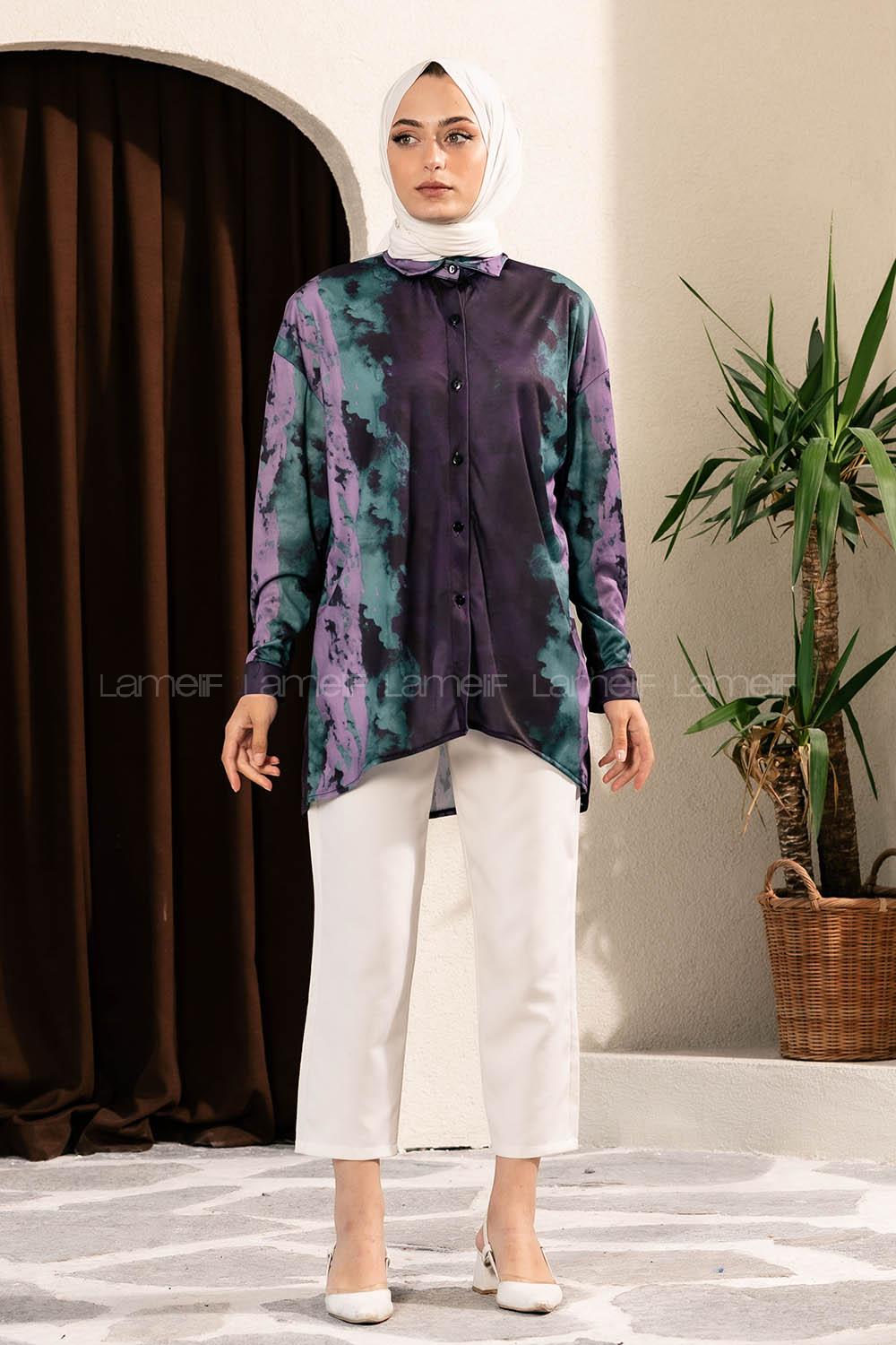 Modalamelif Püskürtme Boya Desen Tarz Gömlek Mor