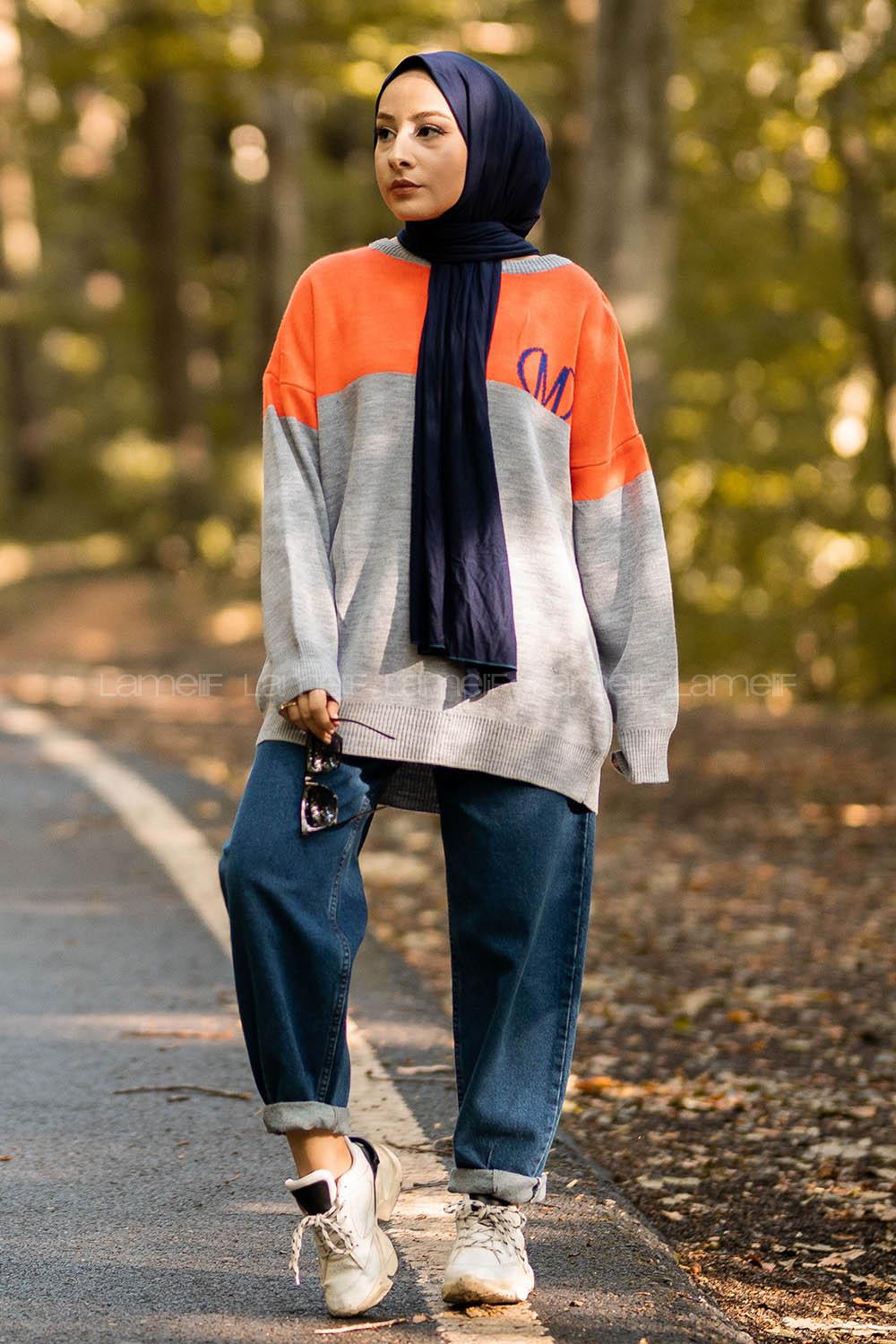 Modalamelif Renk Garnili M Baskılı Triko Kazak Gri-Oranj