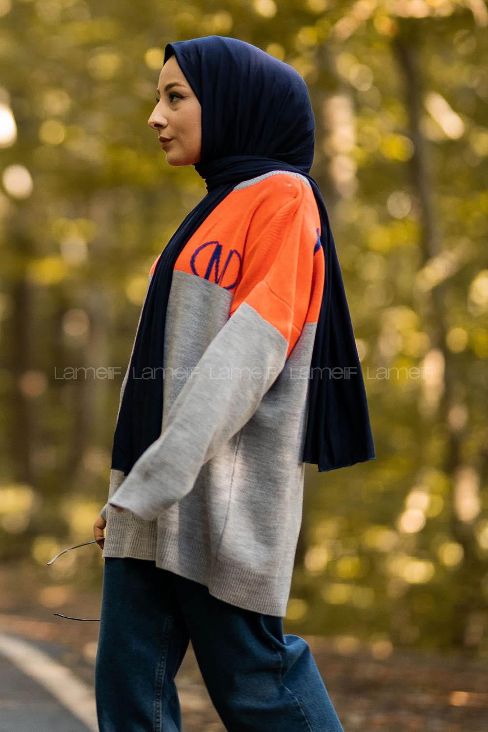 Modalamelif Renk Garnili M Baskılı Triko Kazak Gri-Oranj