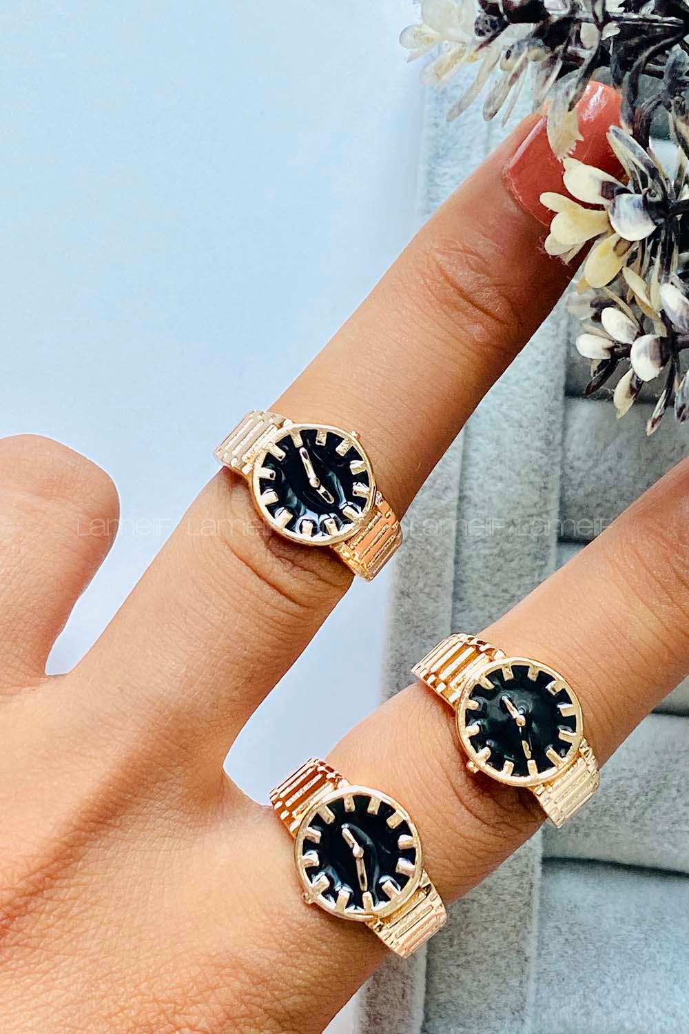 Modalamelif Saat Detaylı Siyah Yüzük