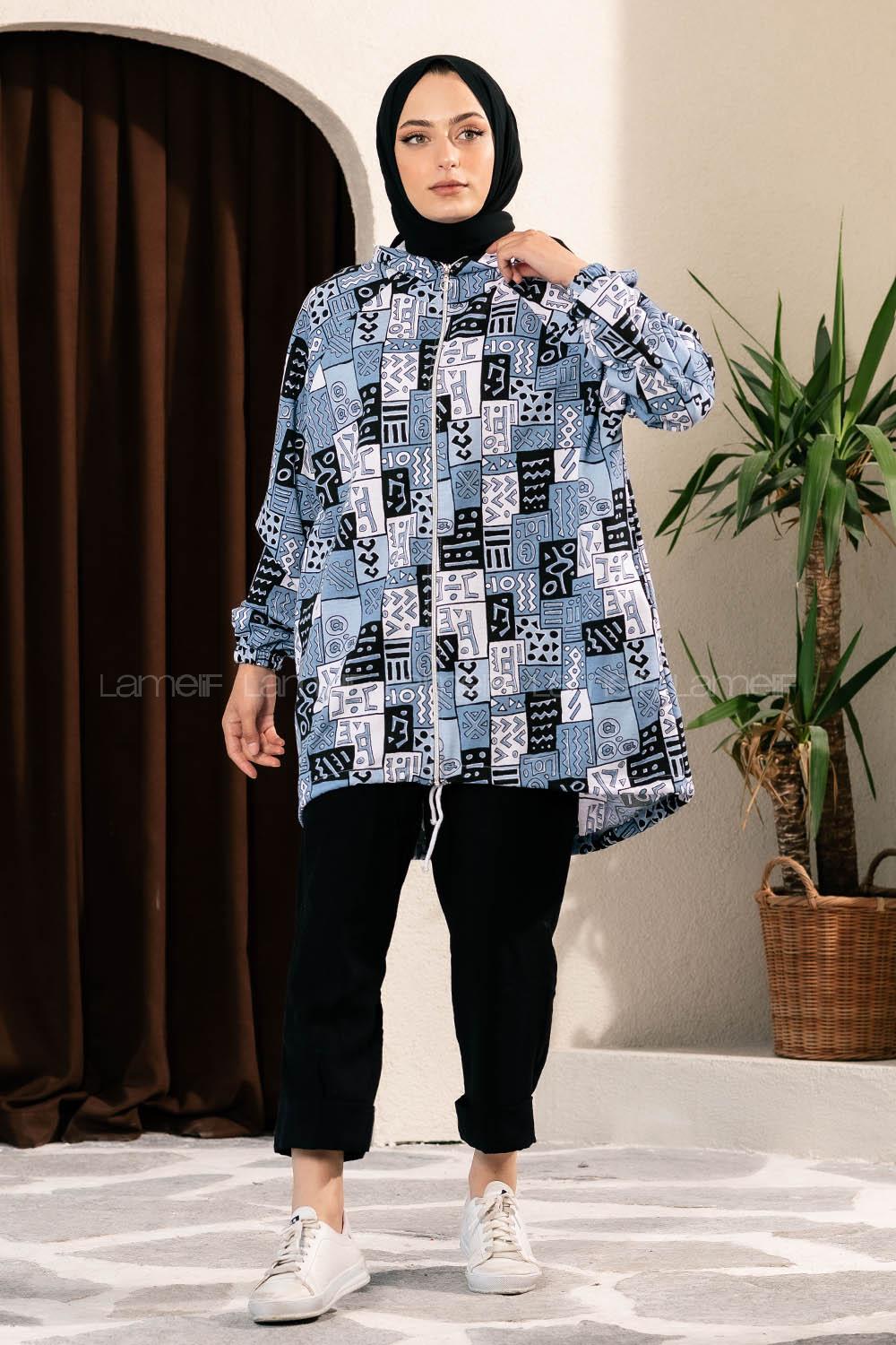 Modalamelif Soyut Desen Kapüşonlu Gizli Cepli Kap Açık Mavi