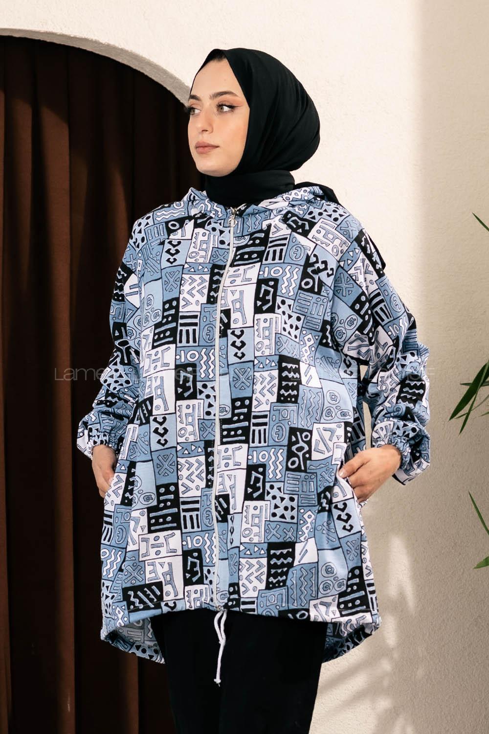 Modalamelif Soyut Desen Kapüşonlu Gizli Cepli Kap Açık Mavi