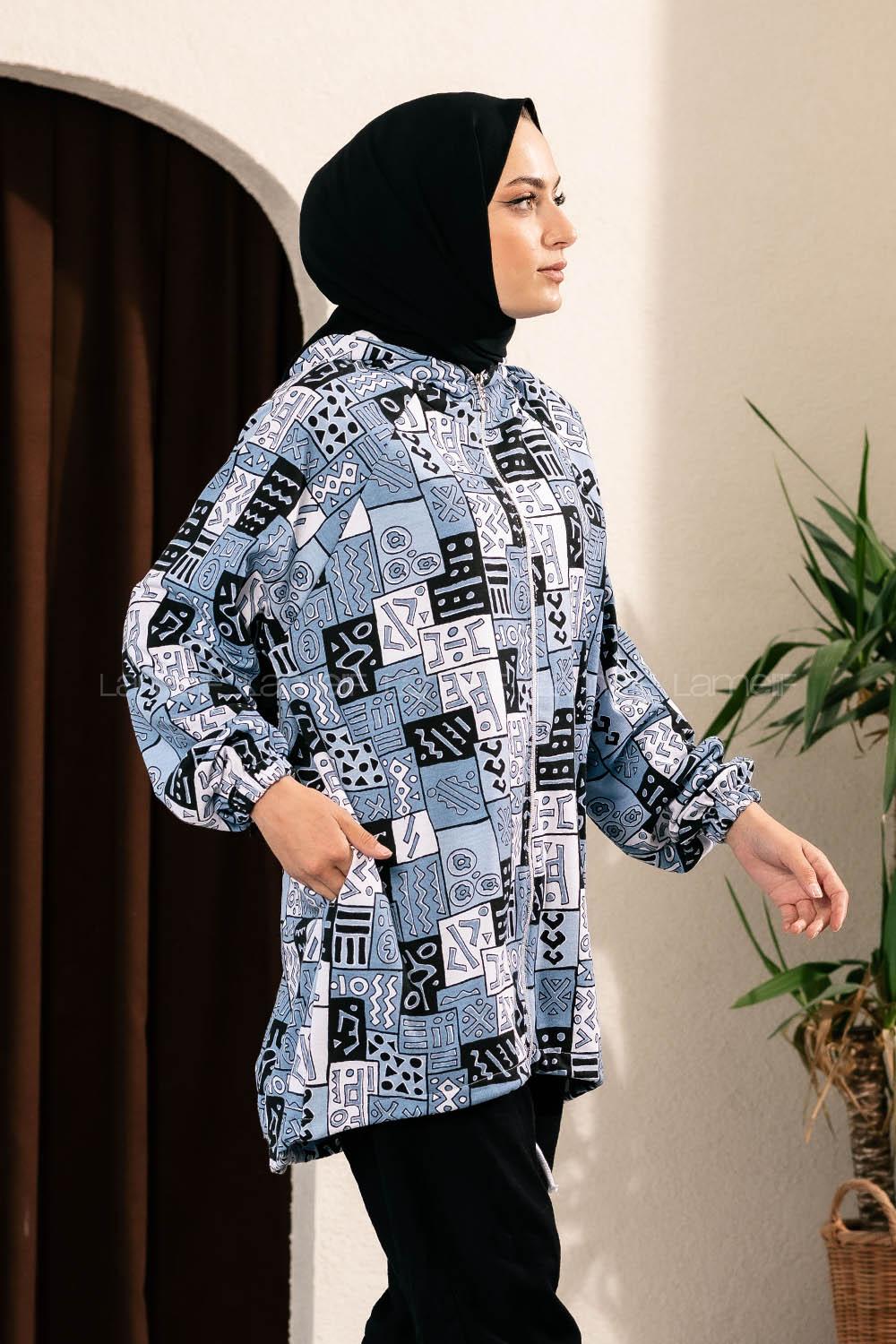 Modalamelif Soyut Desen Kapüşonlu Gizli Cepli Kap Açık Mavi