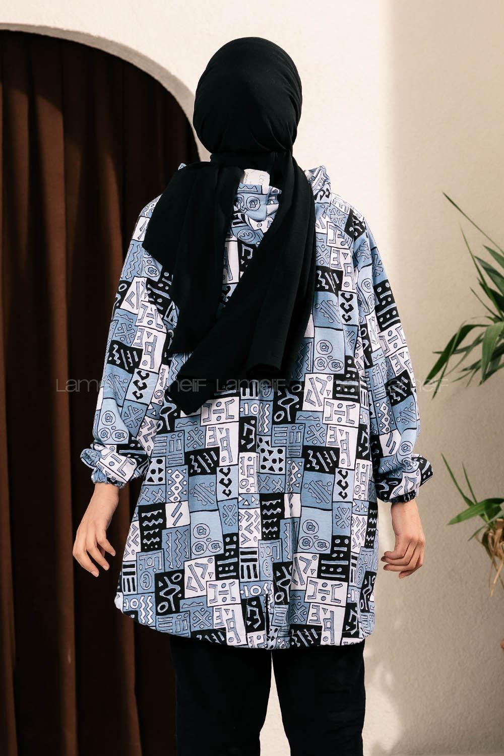 Modalamelif Soyut Desen Kapüşonlu Gizli Cepli Kap Açık Mavi