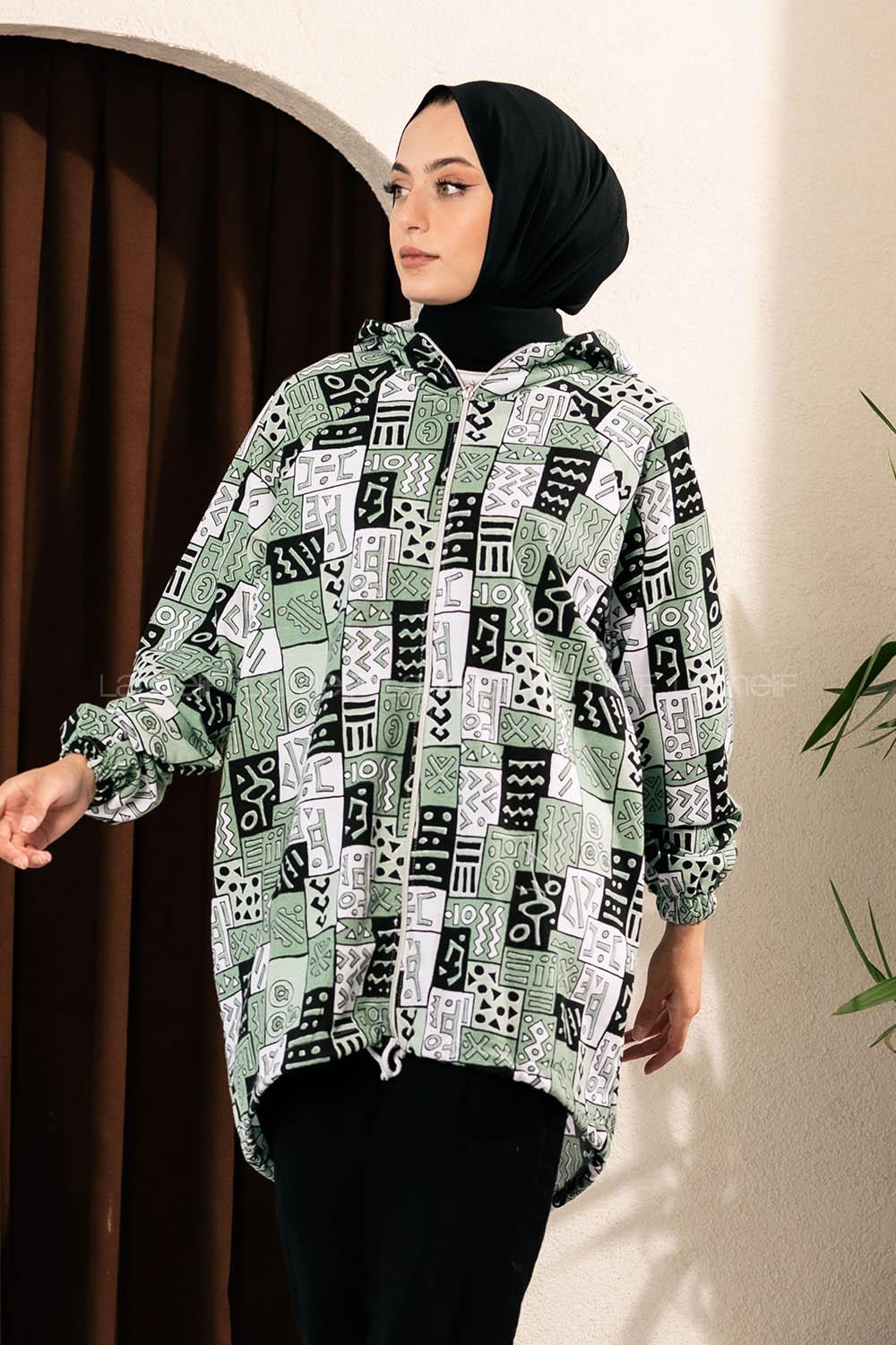Modalamelif Soyut Desen Kapüşonlu Gizli Cepli Kap Çağla Yeşili