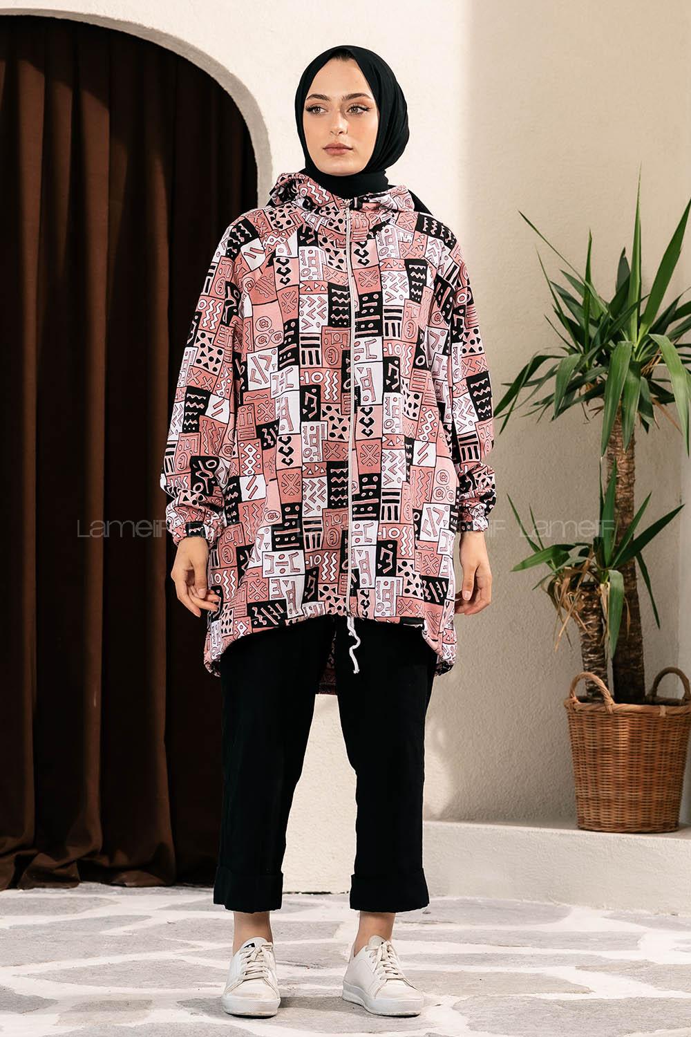 Modalamelif Soyut Desen Kapüşonlu Gizli Cepli Kap Pudra