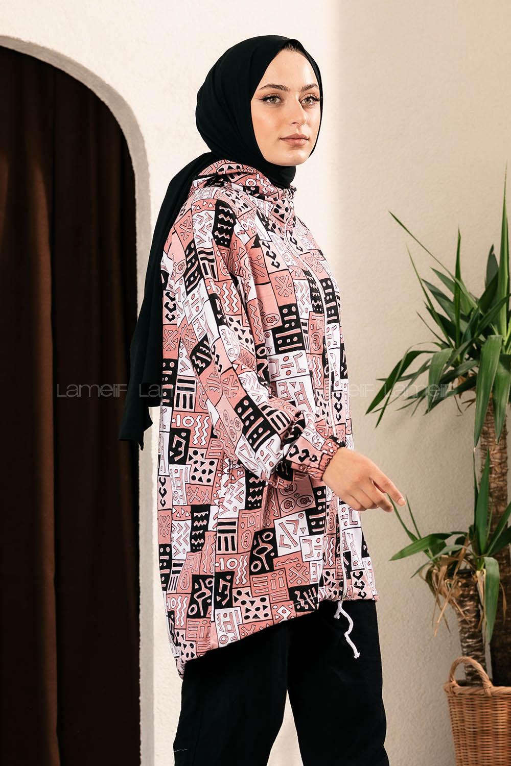 Modalamelif Soyut Desen Kapüşonlu Gizli Cepli Kap Pudra