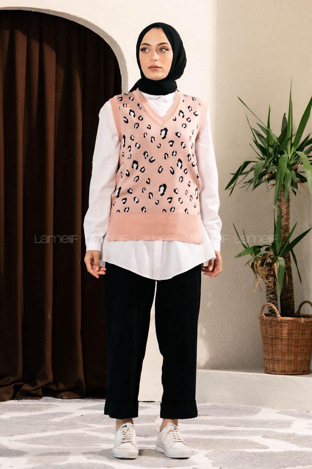 Modalamelif Soyut Desen V Yaka Süveter Pudra