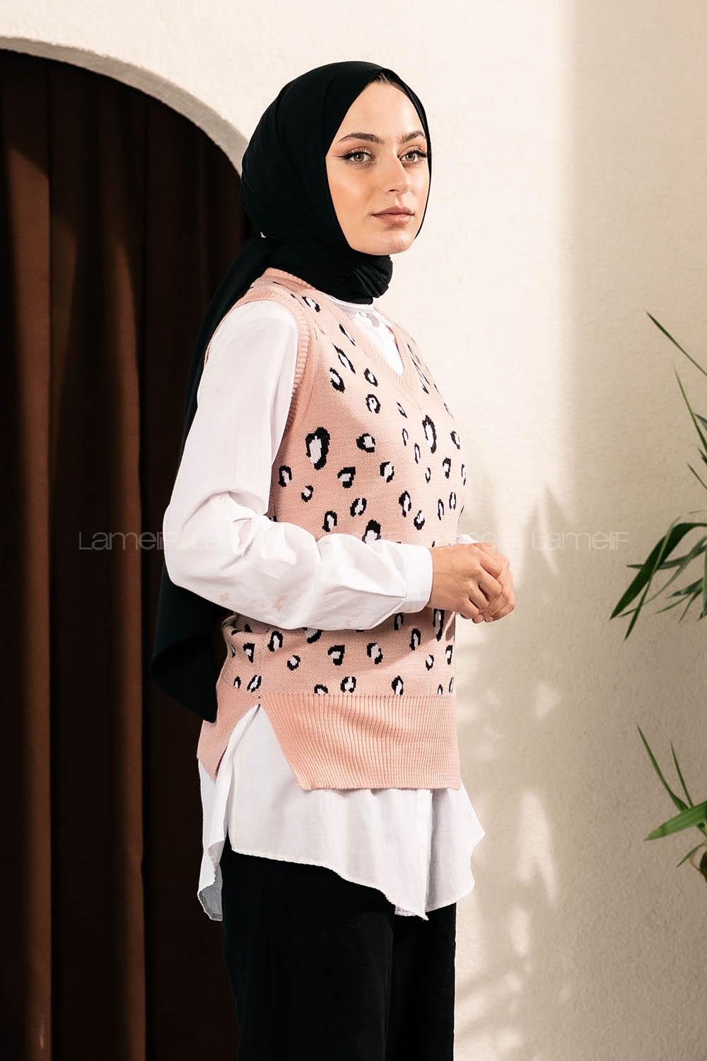 Modalamelif Soyut Desen V Yaka Süveter Pudra