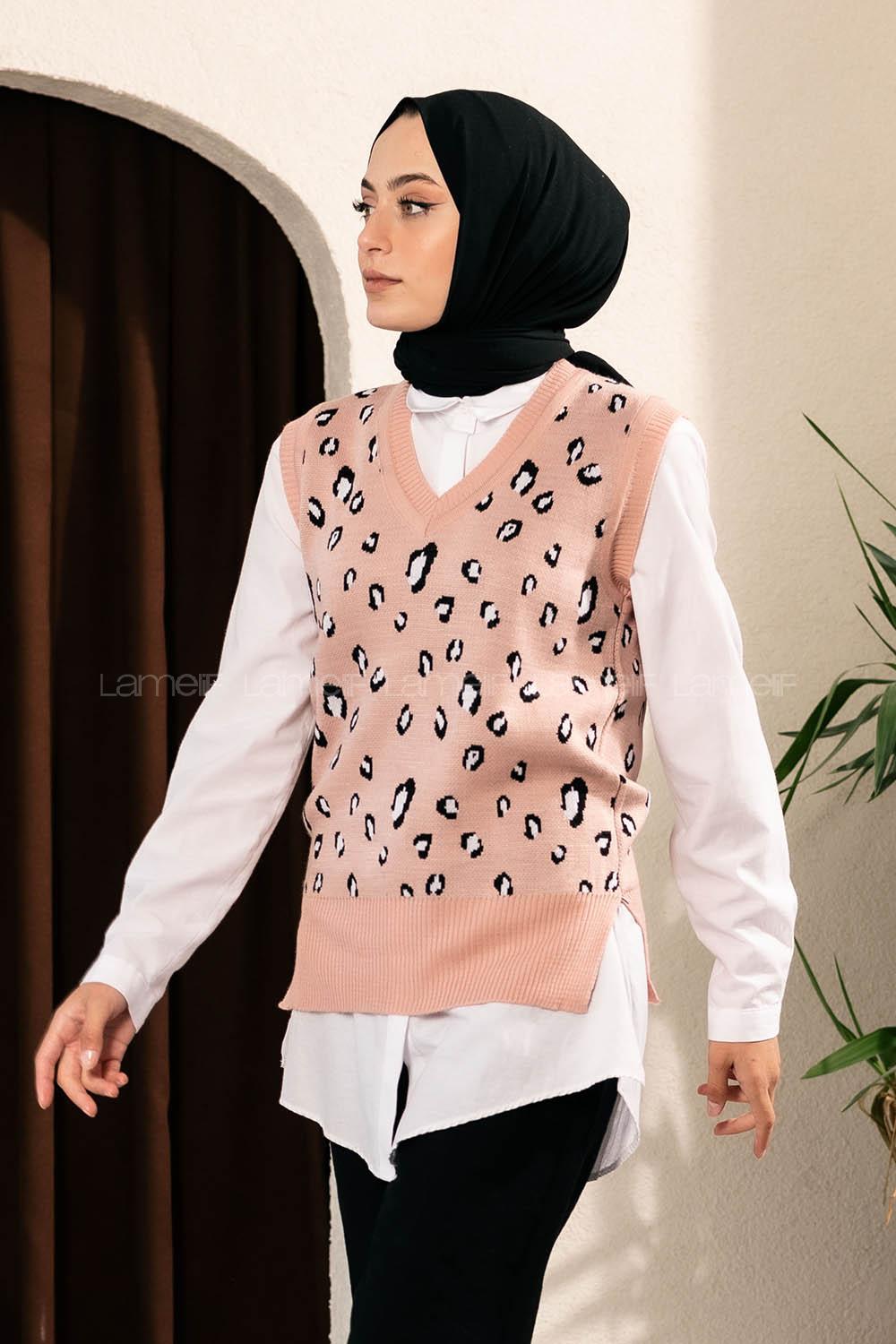 Modalamelif Soyut Desen V Yaka Süveter Pudra