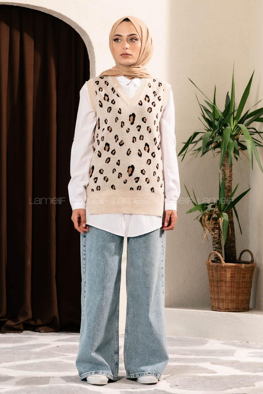 Modalamelif Soyut Desen V Yaka Süveter Taş Rengi