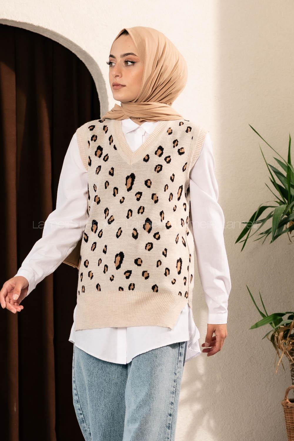 Modalamelif Soyut Desen V Yaka Süveter Taş Rengi