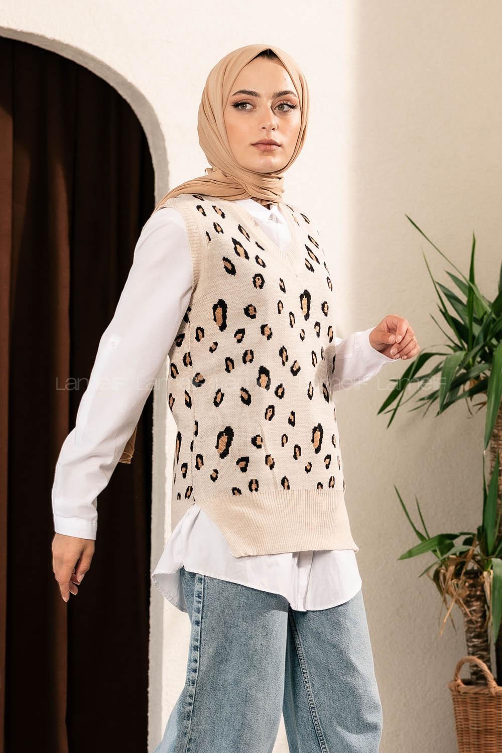Modalamelif Soyut Desen V Yaka Süveter Taş Rengi