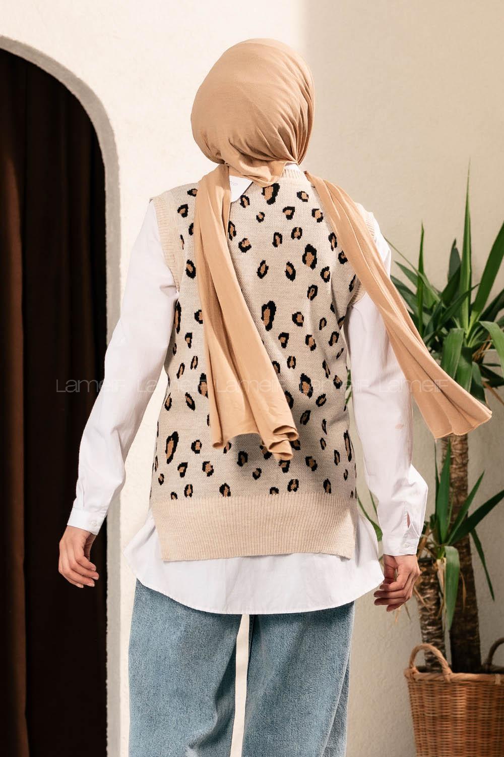 Modalamelif Soyut Desen V Yaka Süveter Taş Rengi