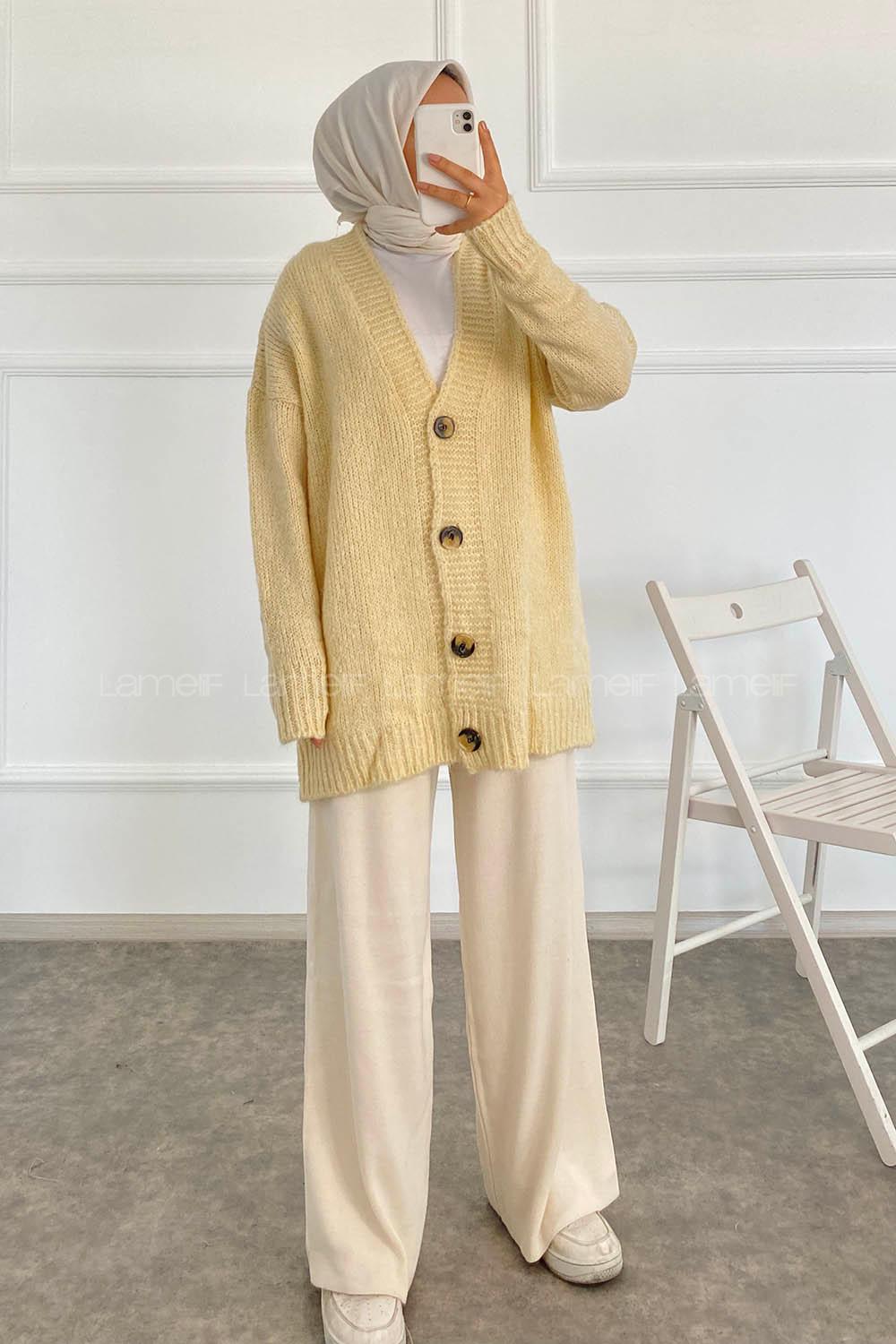 Modalamelif V Yaka Boydan Düğmeli Oversize Triko Hırka Krem