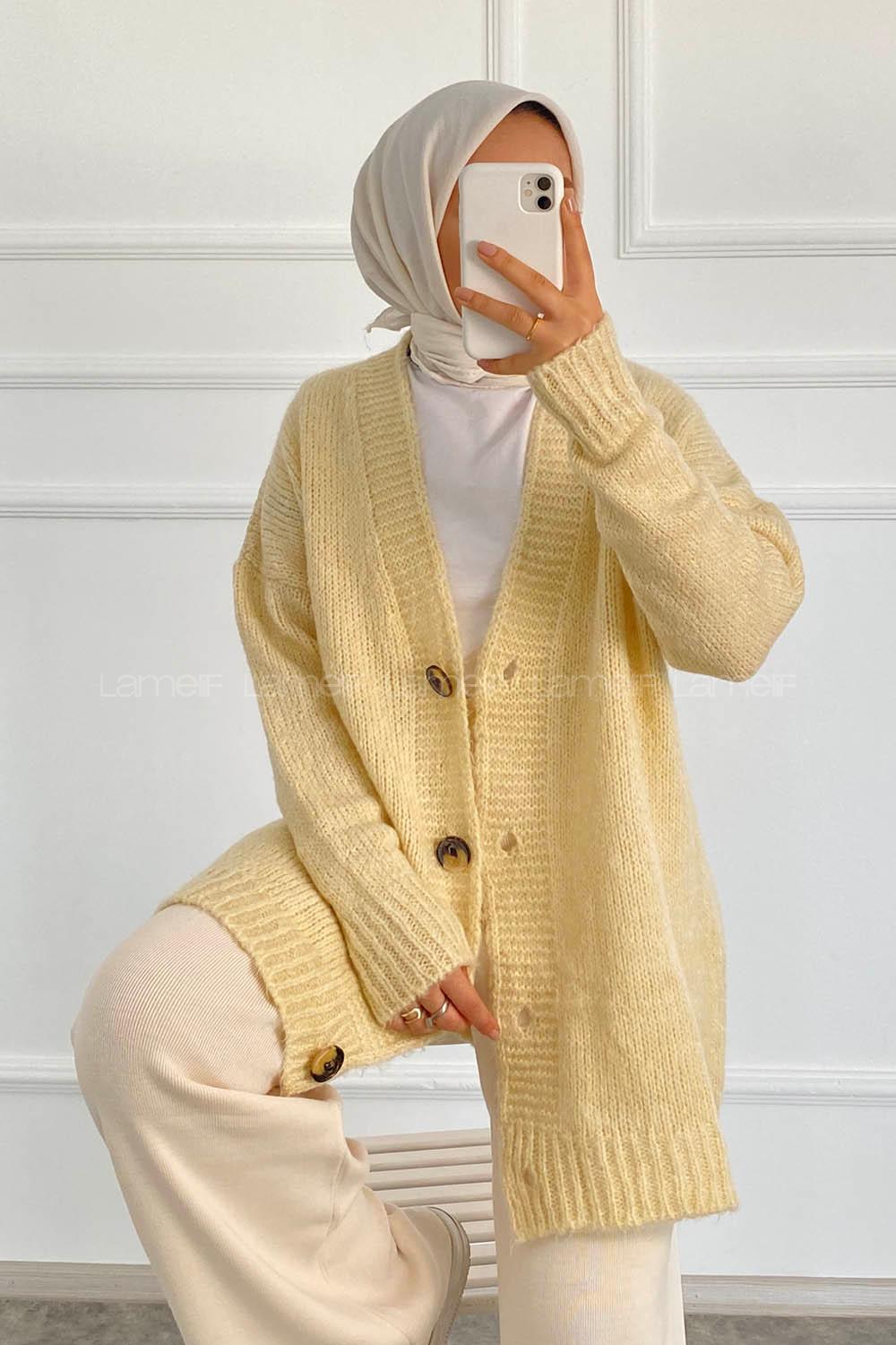 Modalamelif V Yaka Boydan Düğmeli Oversize Triko Hırka Krem