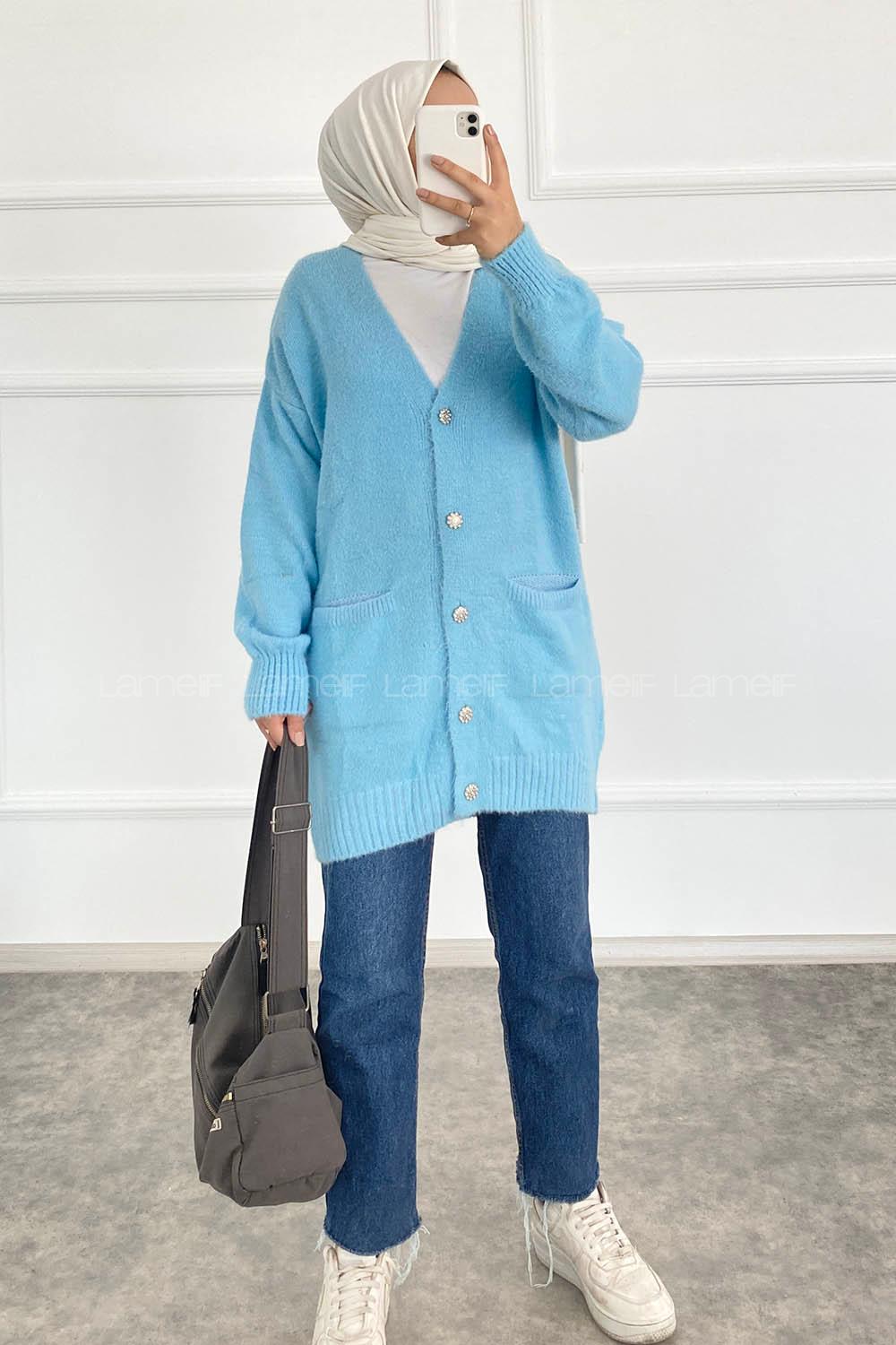 Modalamelif V Yaka Boydan Taş Düğmeli Çift Cepli Triko Hırka Bebe Mavisi