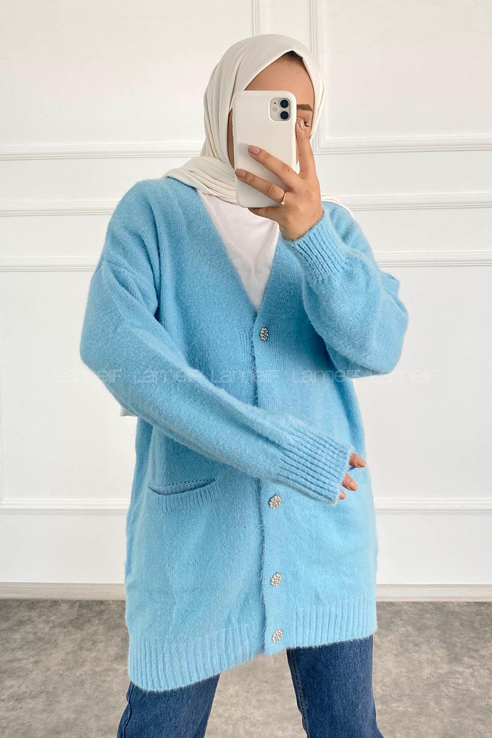 Modalamelif V Yaka Boydan Taş Düğmeli Çift Cepli Triko Hırka Bebe Mavisi