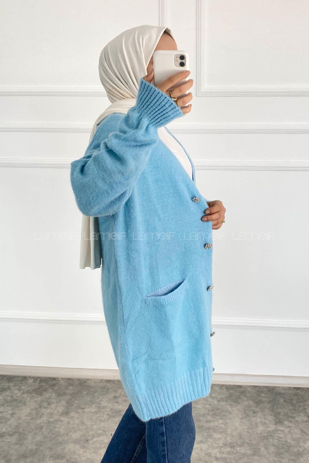 Modalamelif V Yaka Boydan Taş Düğmeli Çift Cepli Triko Hırka Bebe Mavisi