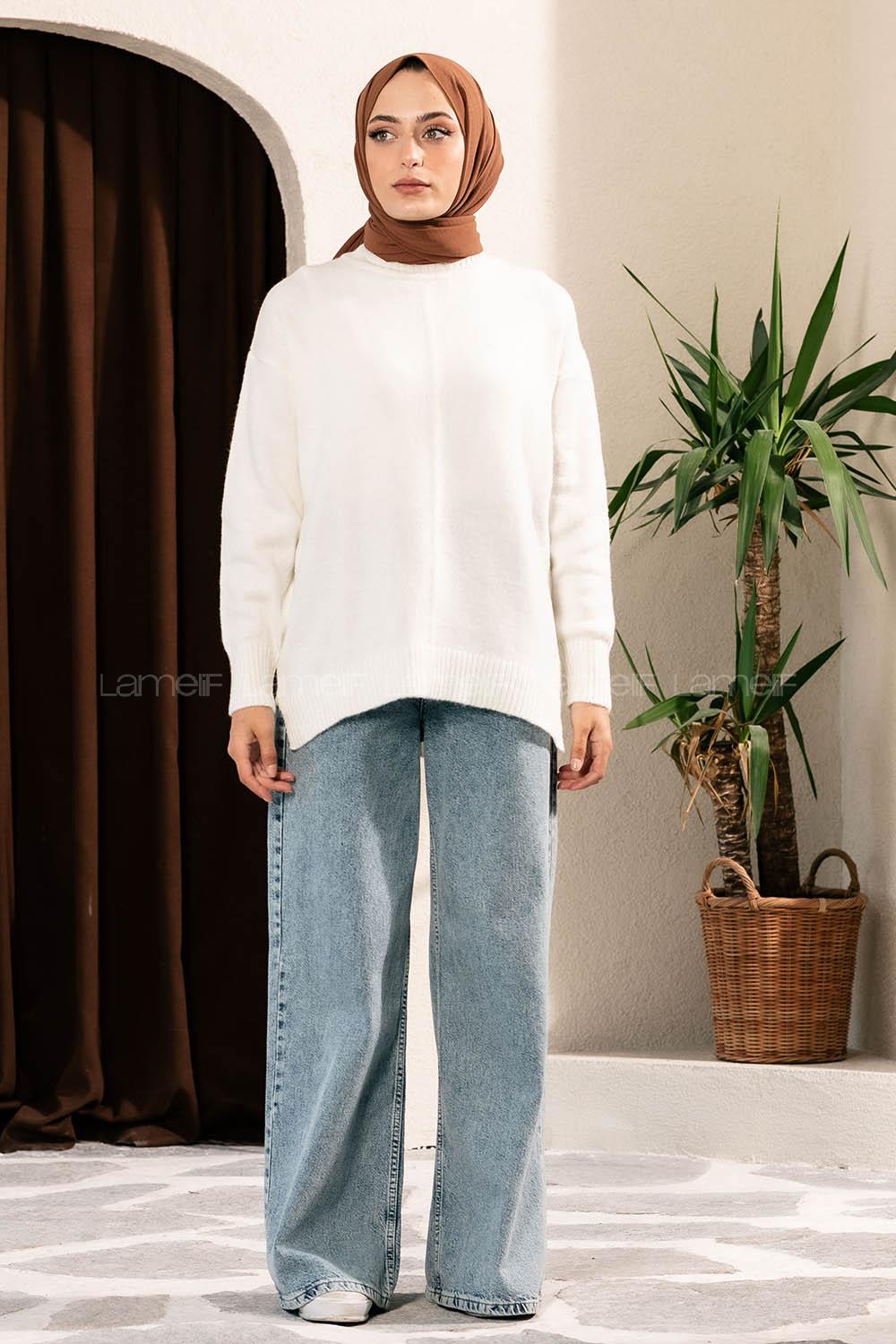 Modalamelif Yanı Yırtmaçlı Oversize Kazak Ekru