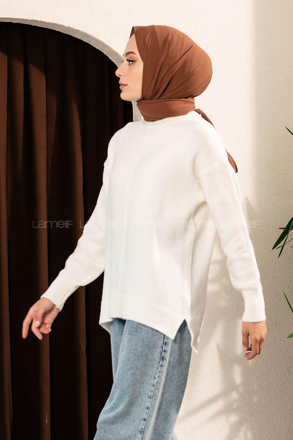 Modalamelif Yanı Yırtmaçlı Oversize Kazak Ekru