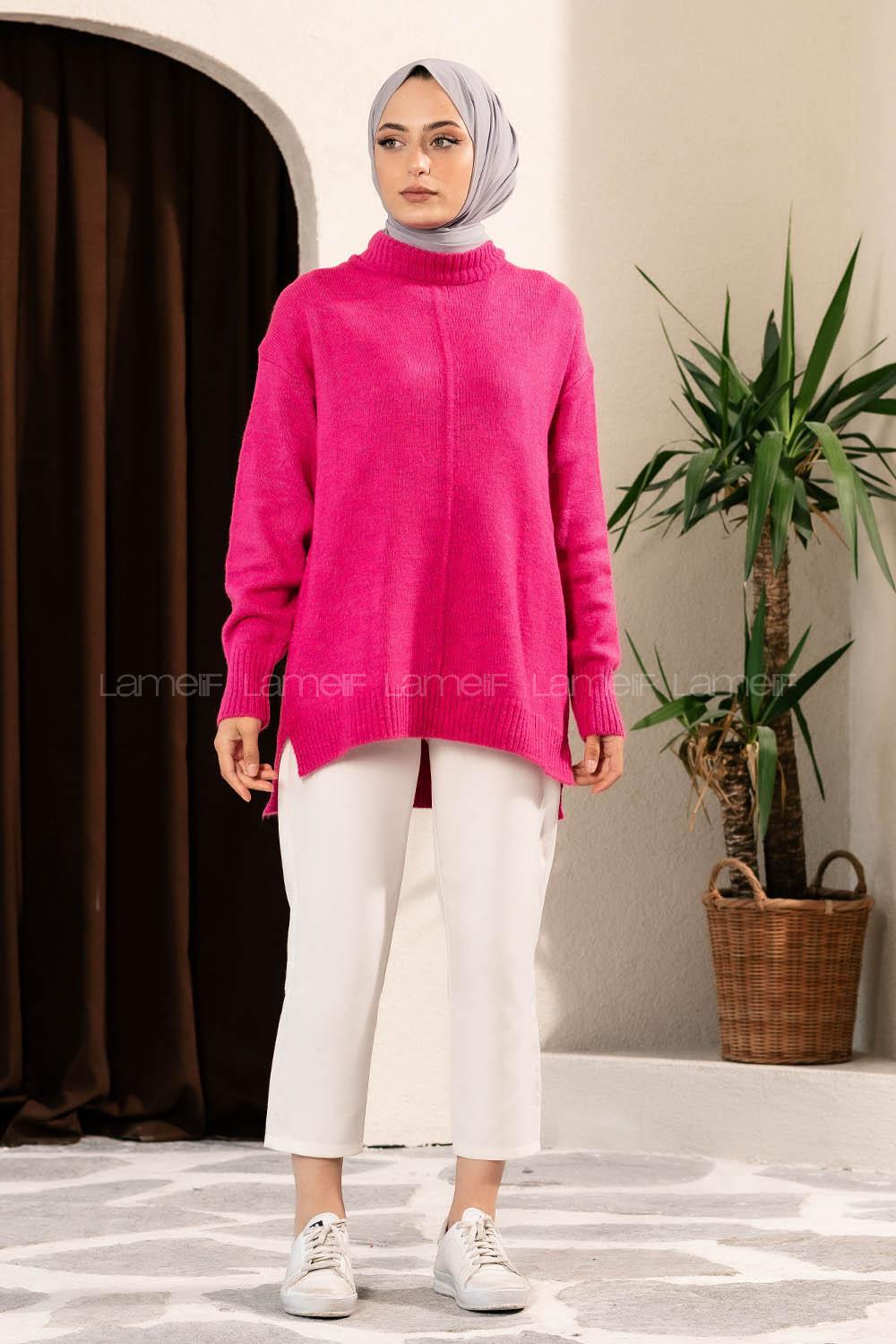 Modalamelif Yanı Yırtmaçlı Oversize Kazak Fuşya