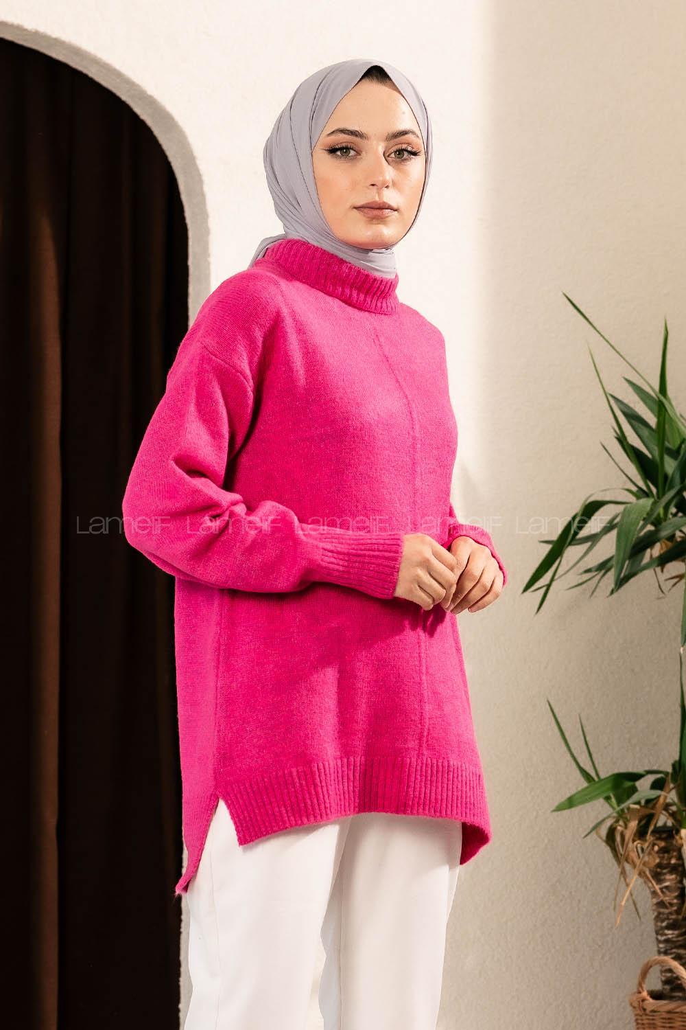 Modalamelif Yanı Yırtmaçlı Oversize Kazak Fuşya