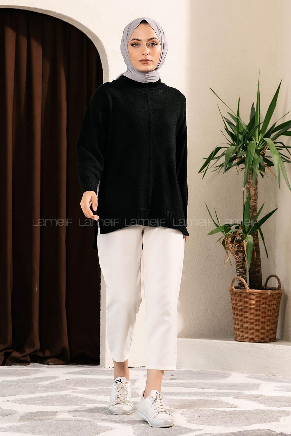 Modalamelif Yanı Yırtmaçlı Oversize Kazak Siyah